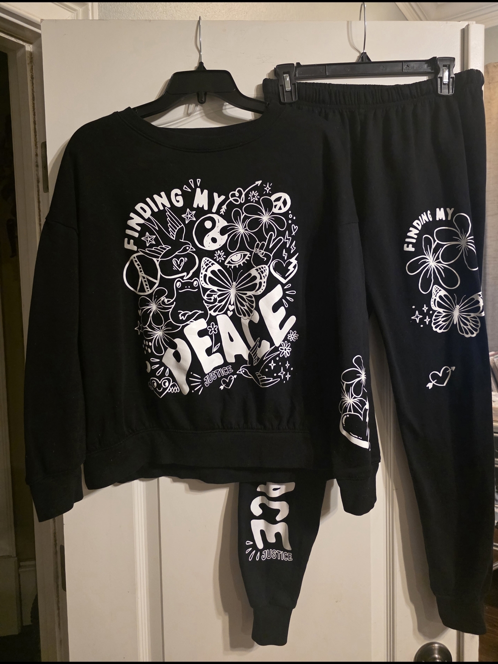 Justice Black Sweatshirt and Joggers Set with White Peace Graphic
